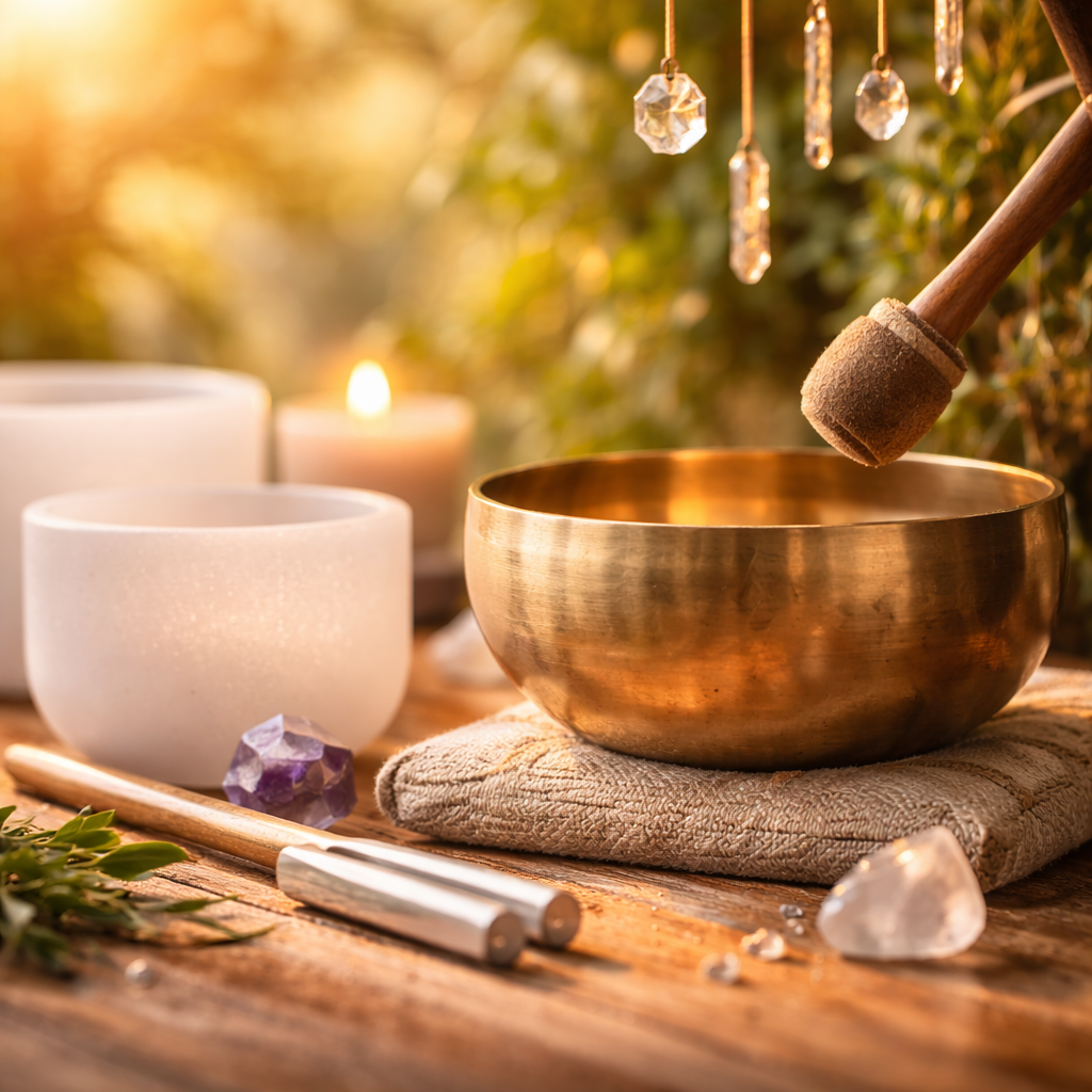 Singing bowl with crystals and candles for sound healing