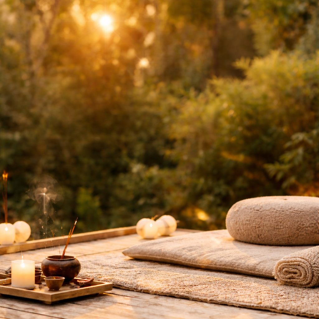Spa wellness wooden deck with candles and towels