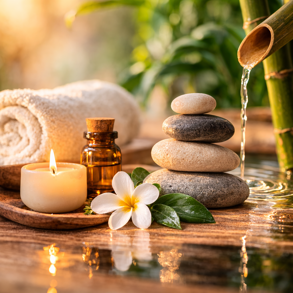 Spa wellness setup with stacked stones and candles